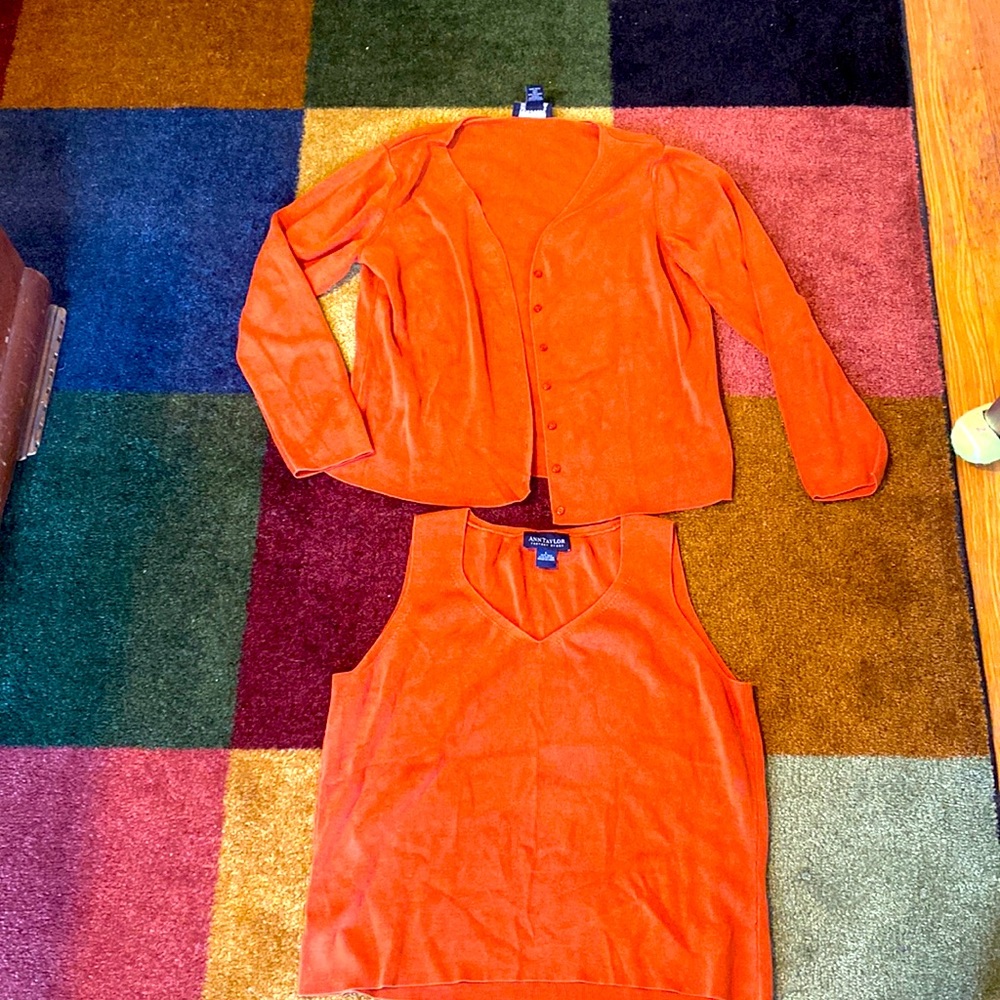 Talbots Orange V-Neck Sweater Tank & Cardigan Set